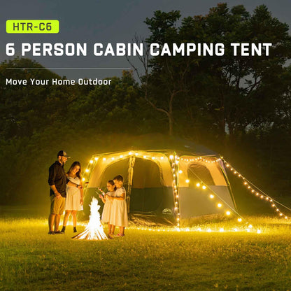 Happy Travel Tent 6 Person Tents for Camping, Waterproof Easy Setup Camping Tent with Rainfly, Portable Large Family Cabin Tent with 5 Large Mesh Windows and Carry Bag for Outdoor Camping & Hiking
