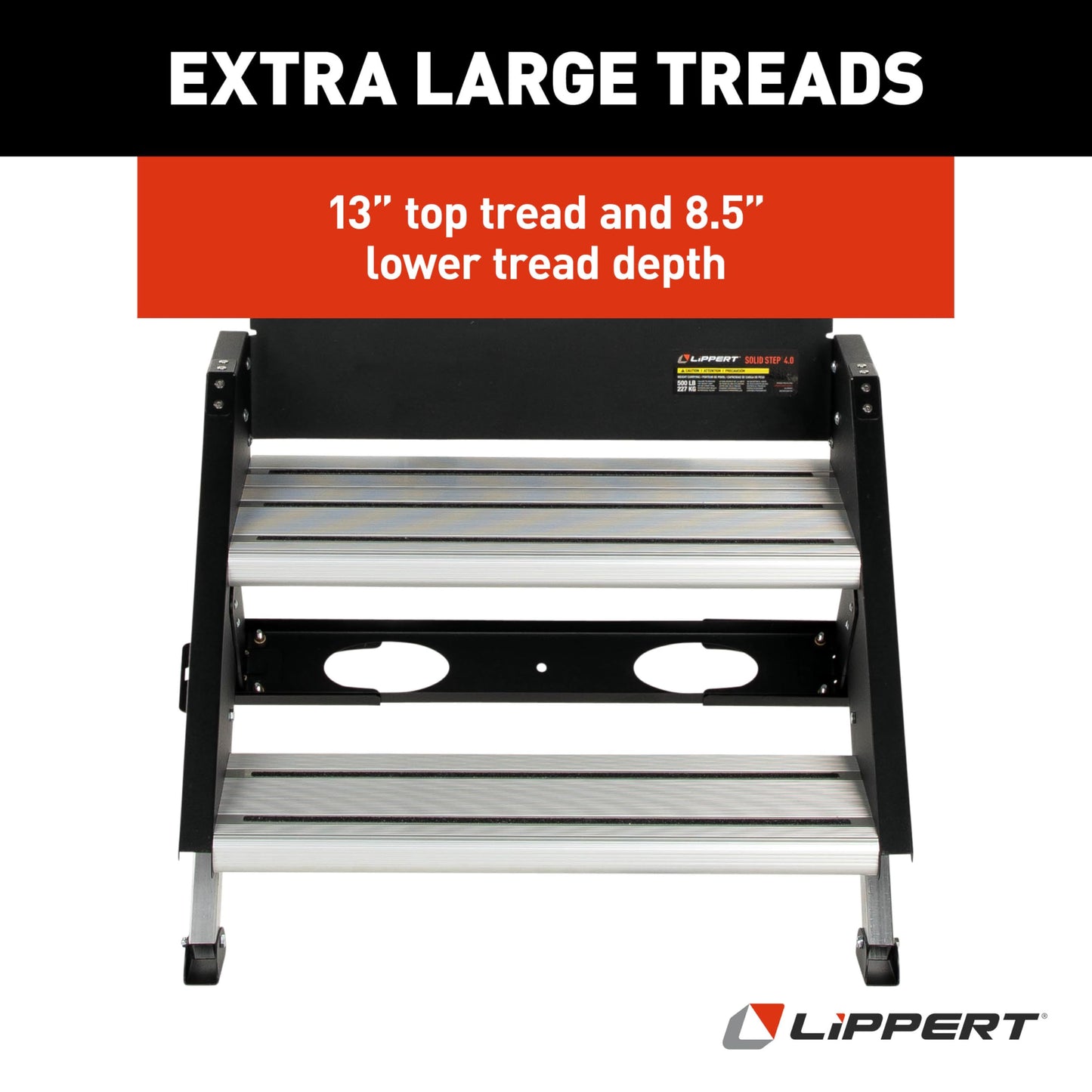 Lippert Solid Step 4.0 Premium Double RV Camper Entry Steps with 26" Step Width, XL Top Tread, 8" Rise, 500-lb. Weight Capacity, Adjustable Legs, Recessed Feet, Foldable Design - 2024056996