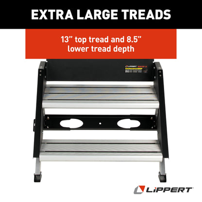 Lippert Solid Step 4.0 Premium Double RV Camper Entry Steps with 26" Step Width, XL Top Tread, 8" Rise, 500-lb. Weight Capacity, Adjustable Legs, Recessed Feet, Foldable Design - 2024056996
