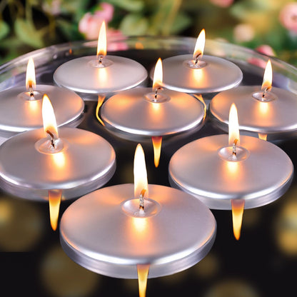 3 inch Silver Floating Candles 8-9 Hours Floating Candle for Centerpieces 36 Packs Unscented Floating Candles 3” Water Candles for Cylinder Vases, Pool, Wedding