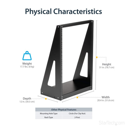 StarTech 16U 2-Post Open Frame Desktop Server Rack, 19in Compact Space-Saving Floor IT Rack with 350lb (160kg) Weight Capacity