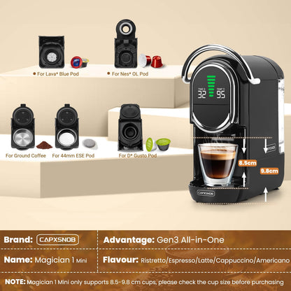 Magician1 Mini Espresso Machine for Nespresso Original, Dolce Gusto, Lavazza Blue, ESE Pods, 19-Bar Coffee Machine for Ground Coffee, Coffee Maker with adjustable Temp & Cup Size, 21oz Reservoir