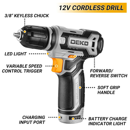 Tool Kit Box Drill Set：DEKOPRO Home Mechanic Toolbox with 12V Power Cordless Drill Hand Repair Tools Sets Combo Kits Storage Organizer Drawer Case for Men