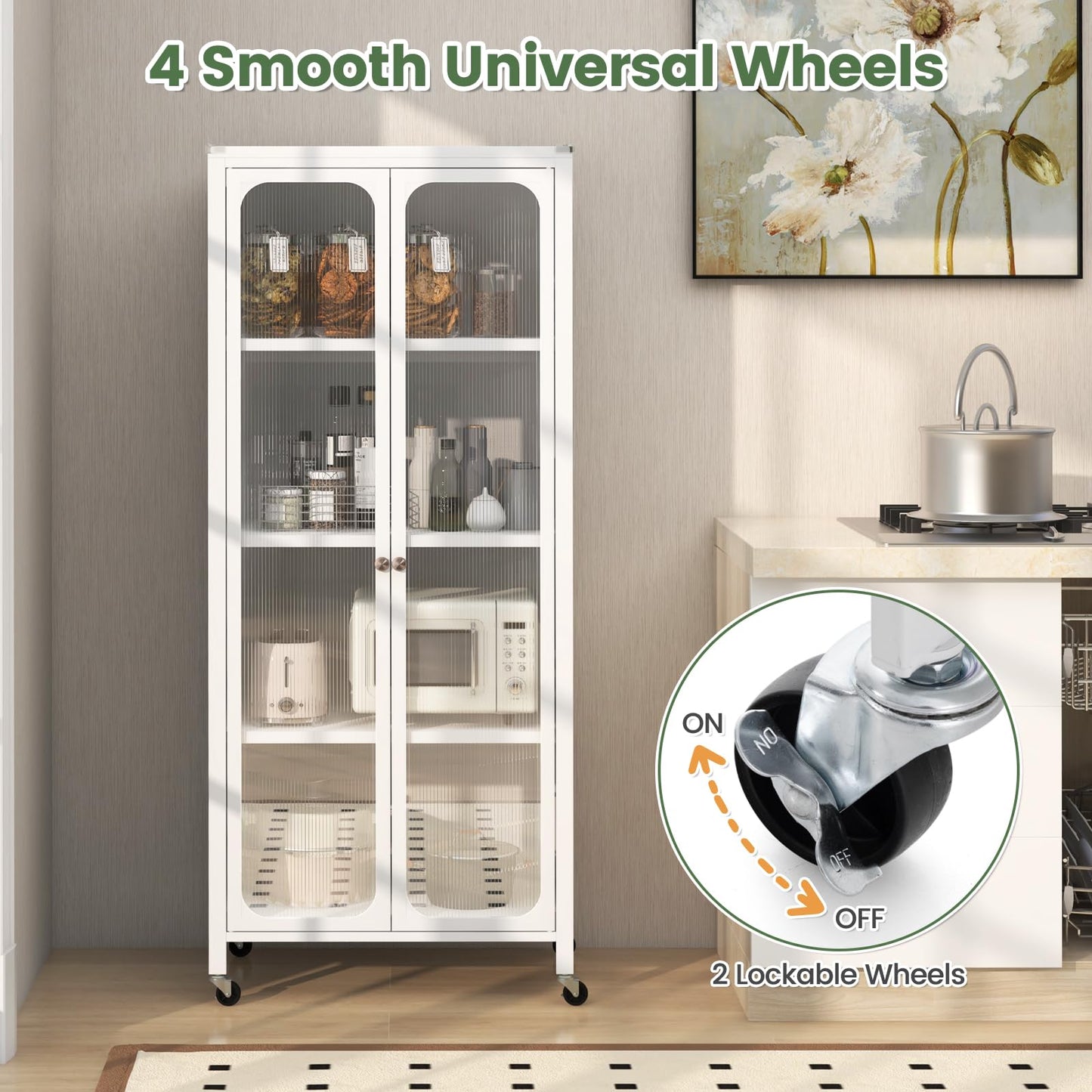 Giantex Bookcase with Doors, 58" Tall 4-Tier Bookshelf with Wheels, Adjustable Shelves, Heavy Duty Metal Frame, Freestanding Display Storage Cabinet for Living Room Bedroom Kitchen Pantry (White)