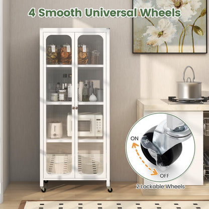Giantex Bookcase with Doors, 58" Tall 4-Tier Bookshelf with Wheels, Adjustable Shelves, Heavy Duty Metal Frame, Freestanding Display Storage Cabinet for Living Room Bedroom Kitchen Pantry (White)