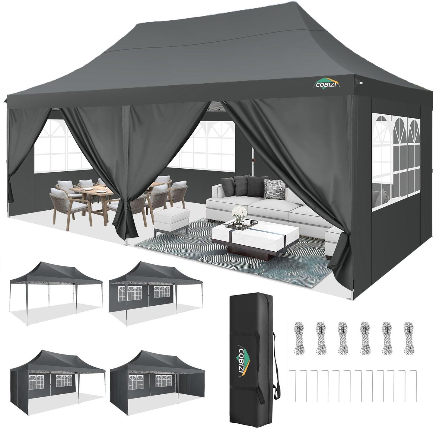 COBIZI 10x20 Pop Up Canopy with 6 Sidewall, Commercial Canopy UPF 50+ Waterproof Outdoor Gazebo with Carry Bag, Tents for Parties with Upgrade Frame, 3 Height Adjustable, Classic Grey