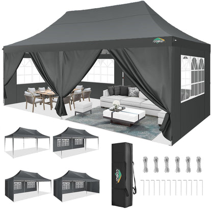 COBIZI 10x20 Pop Up Canopy with 6 Sidewall, Commercial Canopy UPF 50+ Waterproof Outdoor Gazebo with Carry Bag, Tents for Parties with Upgrade Frame, 3 Height Adjustable, Classic Grey