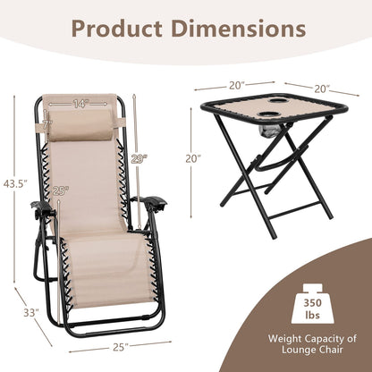 HAPPYGRILL Zero Gravity Lounge Chairs Set with Coffee Table, Folding Reclining Chairs with Side Table and Pillow, 3 Pieces Adjustable Patio Lawn Recliner Set for Outdoor Garden Camp Travel