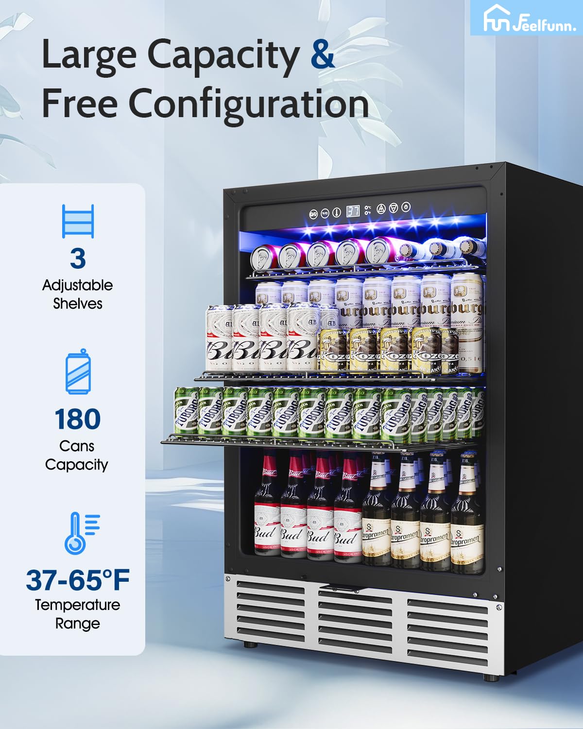 Feelfunn 24 inch Beverage Refrigerator - 180 Cans Beverage Fridge Under Counter with Stainless Steel Door, Built-in or Freestanding Beer Fridge, Outdoor Refrigerator for Patio Kitchen Home Bar