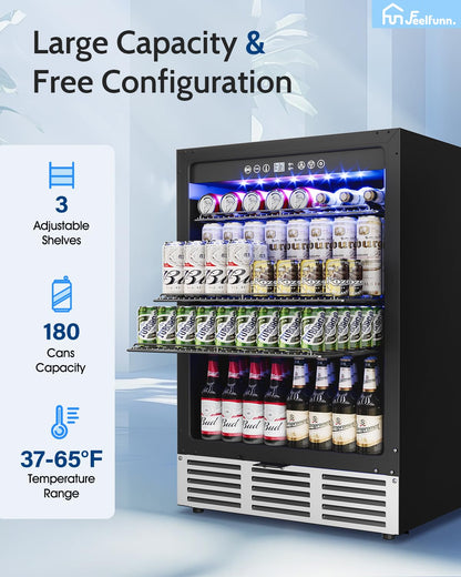 Feelfunn 24 inch Beverage Refrigerator - 180 Cans Beverage Fridge Under Counter with Stainless Steel Door, Built-in or Freestanding Beer Fridge, Outdoor Refrigerator for Patio Kitchen Home Bar