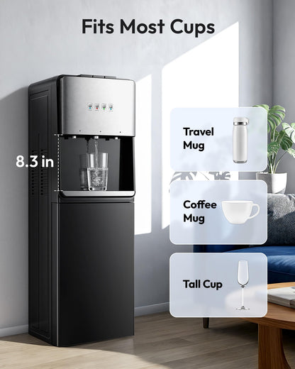 Euhomy Self-Cleaning Bottom-Loading Water Dispenser, Compatible with 5 Gallon Bottles - 3 Temperature Settings with Hot, Room & Cold Water Outlets, Childproof Lock, Night Light & LED Display，Black