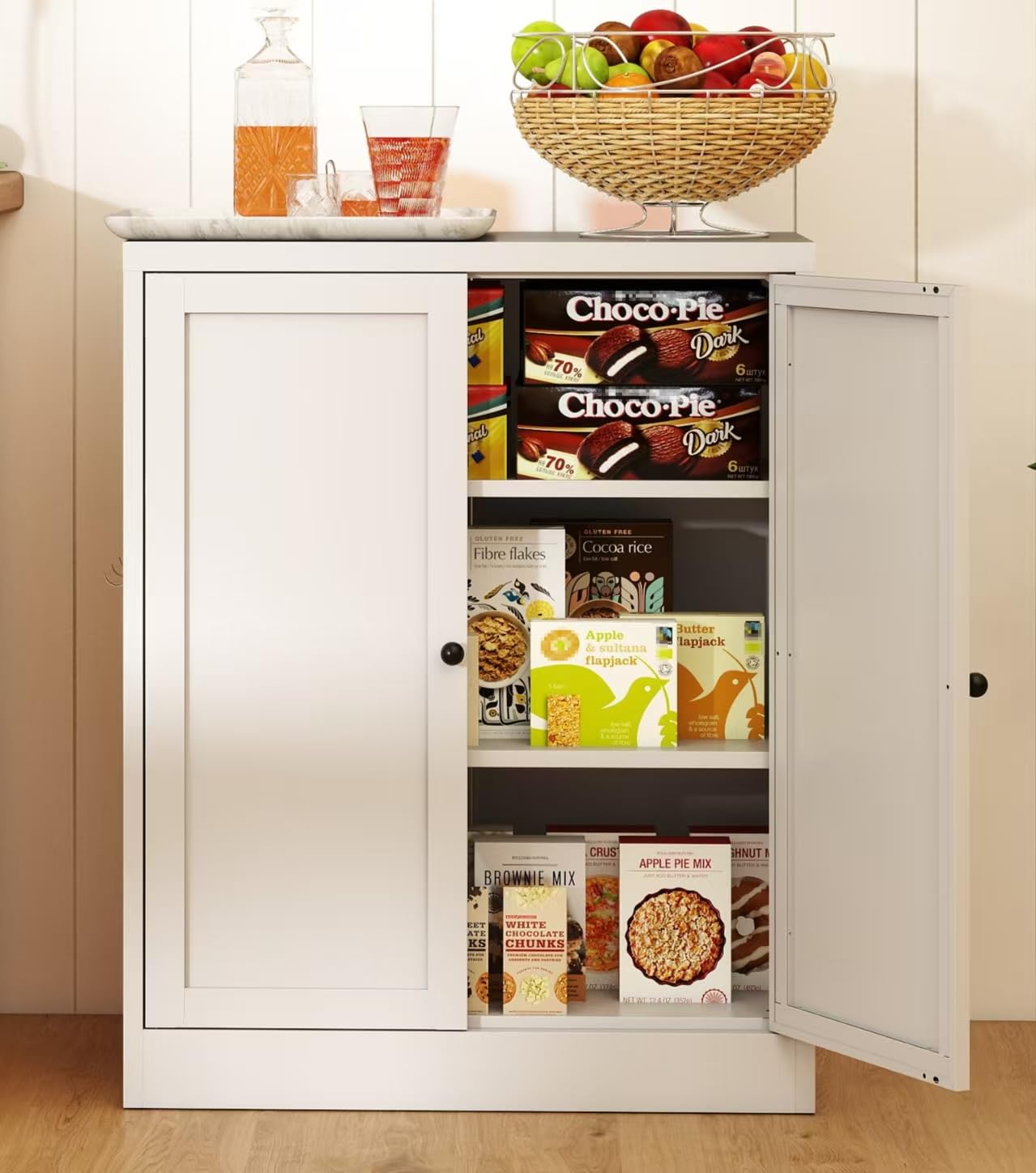 Yukimo Kitchen Pantry Cabinet, 34.5" Pantry Storage Cabinet with 2 Tier Adjustable Shelves and 2 Doors, Metal Pantry Cabinets with Handle for Living Room Kitchen Assembly Required, White