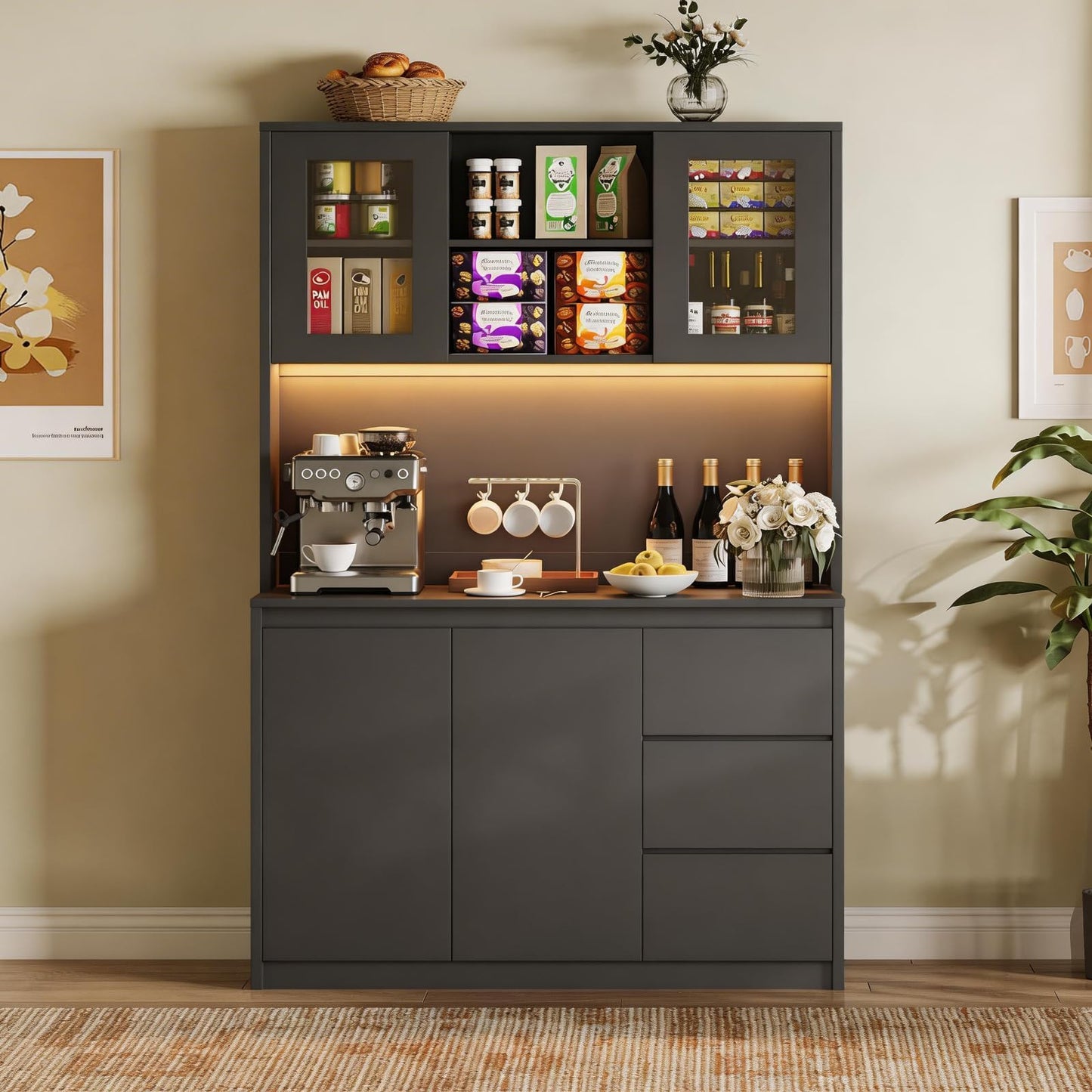 71" Kitchen Pantry Cabinet,Tall Storage Cabinet with Doors & Shelves Adjustable, Kitchen Storage Hutch with Microwave Shelf,Coffee Bar,Led Lights&Charging Station,Corner Pantry Cabinet for Living Room