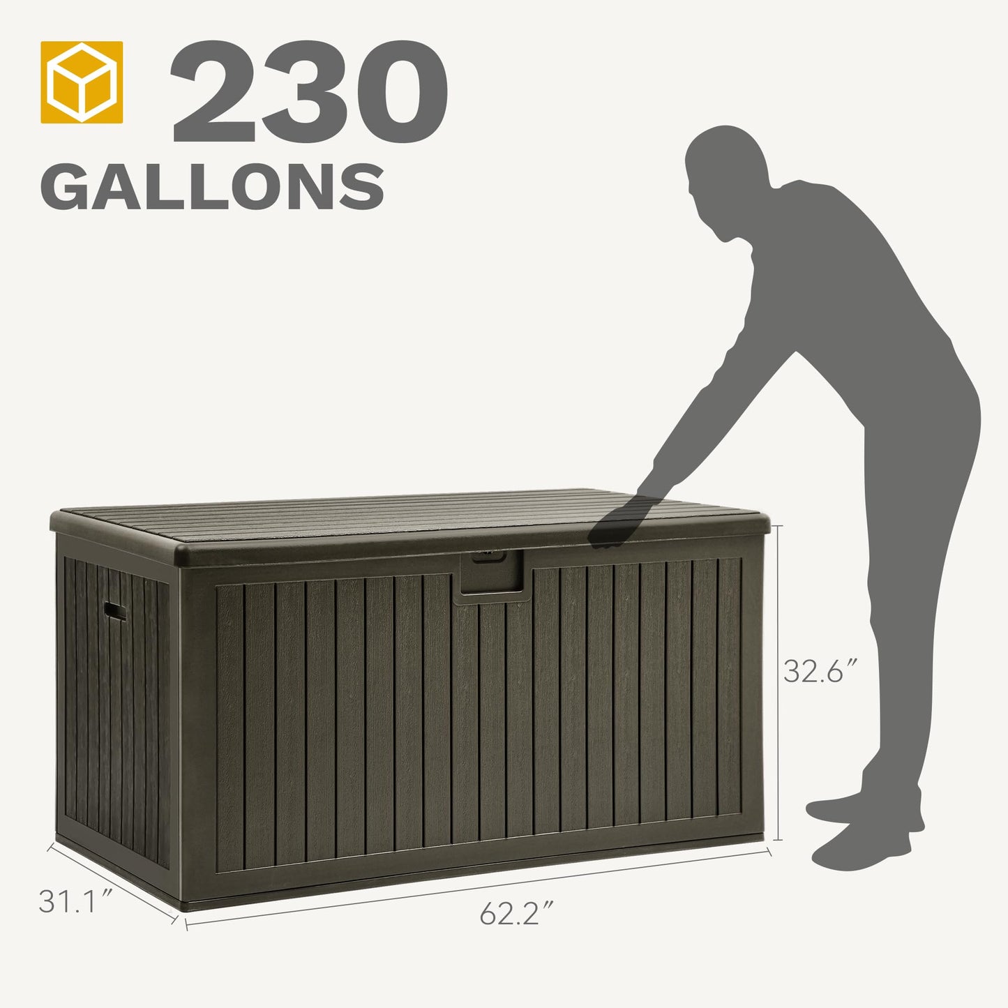 DWVO 230 Gallon Resin Outdoor Storage Box, XXL Double-Wall Waterproof Deck Box with Divider, Doubles as Table or Seating with 1000 lbs Capacity, Lockable (Light Brown)