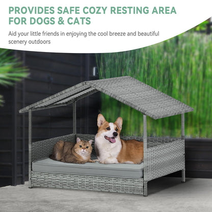 Lyromix Wicker Dog House with Canopy, 32" Outdoor Elevated Rattan Dog Bed with Water-Resistant Soft Cushion, Large Outside Raised Dog Shelter for Small, Medium Dogs, Gray