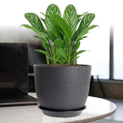 UOUZ 12/10/9 Large Modern Plant Pots, Plastic Planters with Drainage Holes and Saucers for Indoor Outdoor Plants Flowers, Black