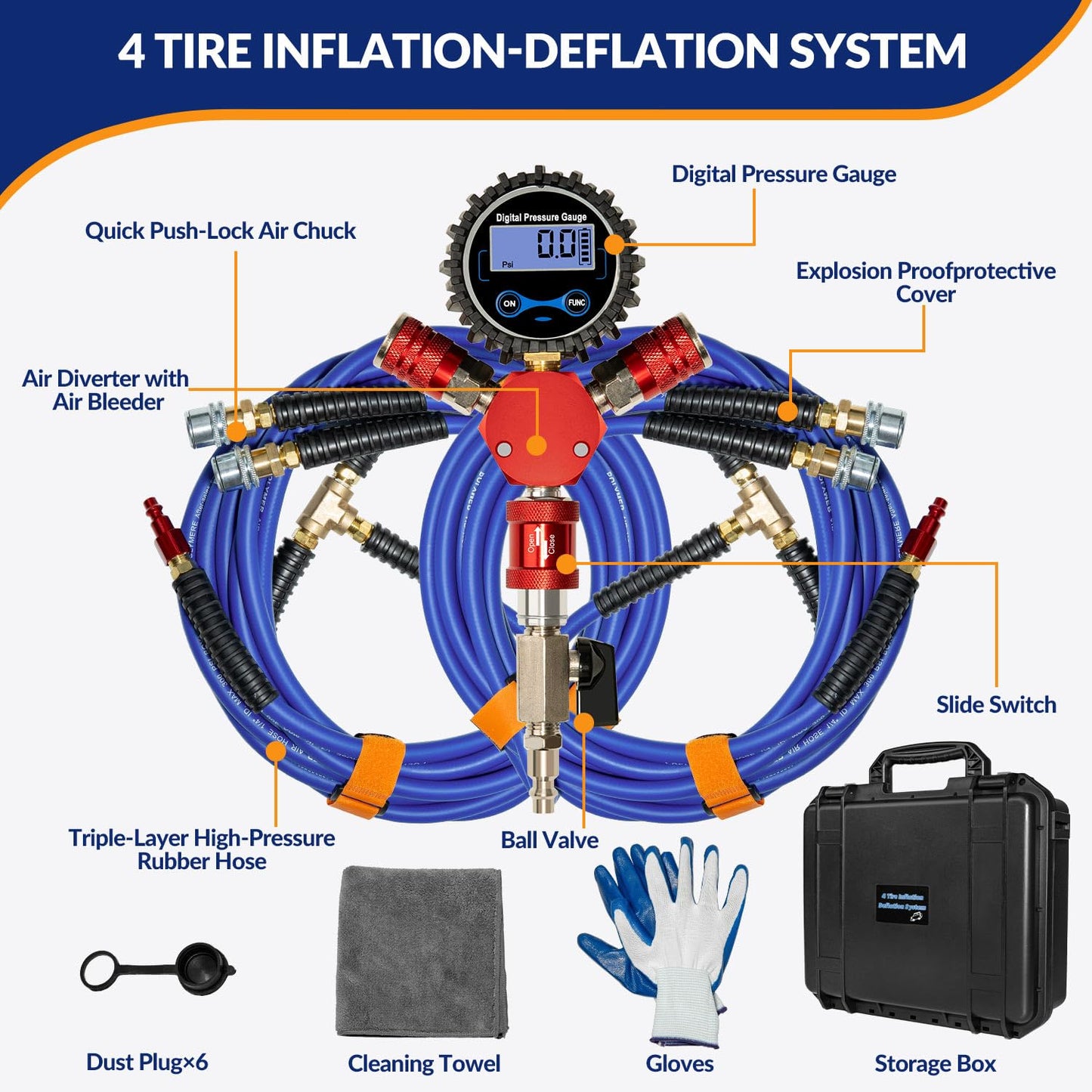 MILADO 4 Tire Inflation System, 4 Way Tire Inflator Deflator with Hard-Shell Storage Case, Off Road Tire Inflator with Gauge, Air Down Tire Deflators Kit for Trucks Jeeps Fits Up to 155" Wheelbase