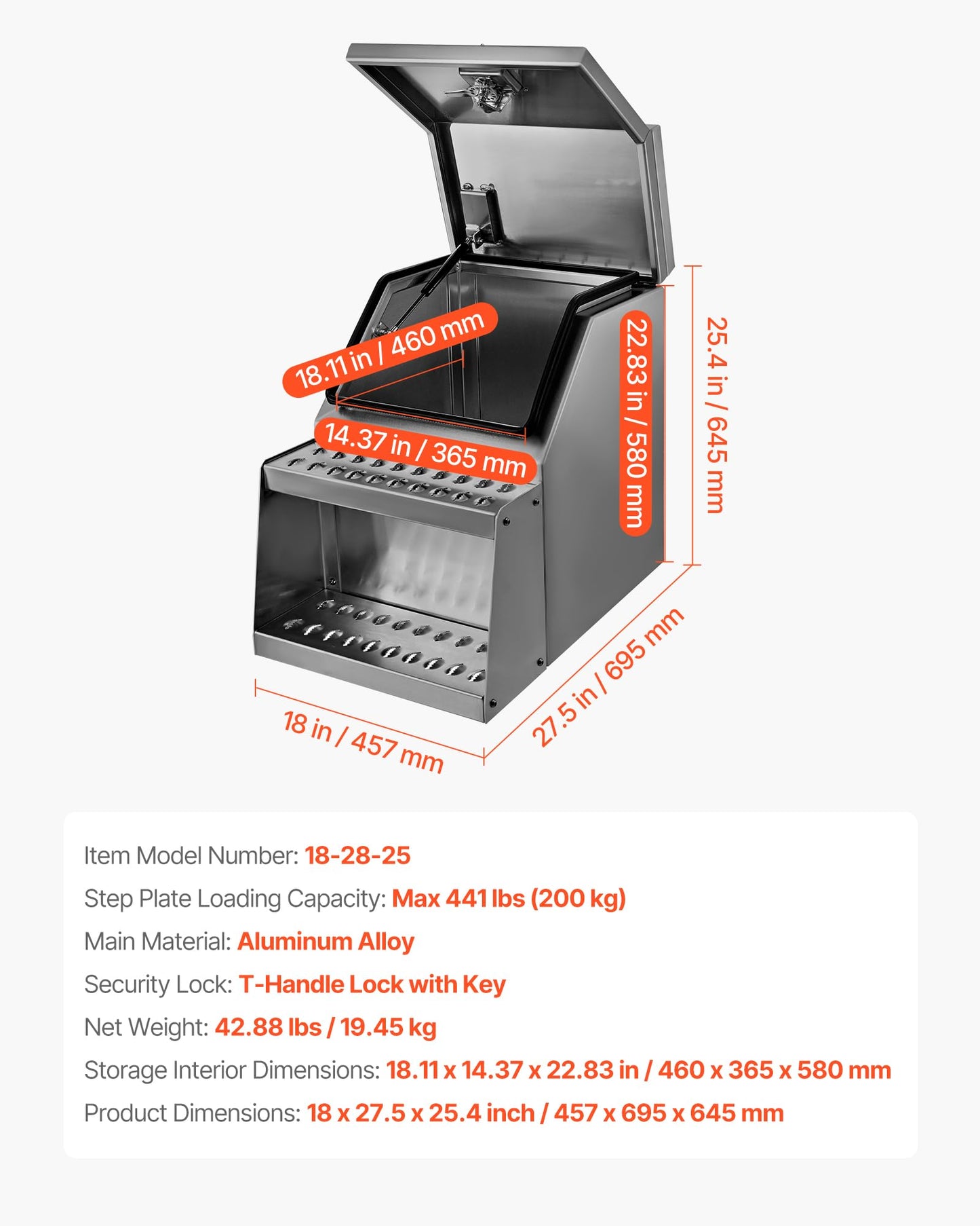 VEVOR Semi-Truck Step Tool Box, 18" x 27.5" x 25.4" Heavy Duty Aluminum Toolbox Side Mount, Waterproof Side Storage Saddle Step Box with T-Handle Lock & Keys for Semi Trucks, Flatbed Trailers