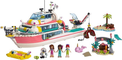 LEGO Friends Rescue Mission Boat 41381 Toy Boat Building Kit with Mini Dolls and Toy Sea Creatures Rescue Playset Includes Narwhal Figure Treasure Box and More for Creative Play (908 Pieces)