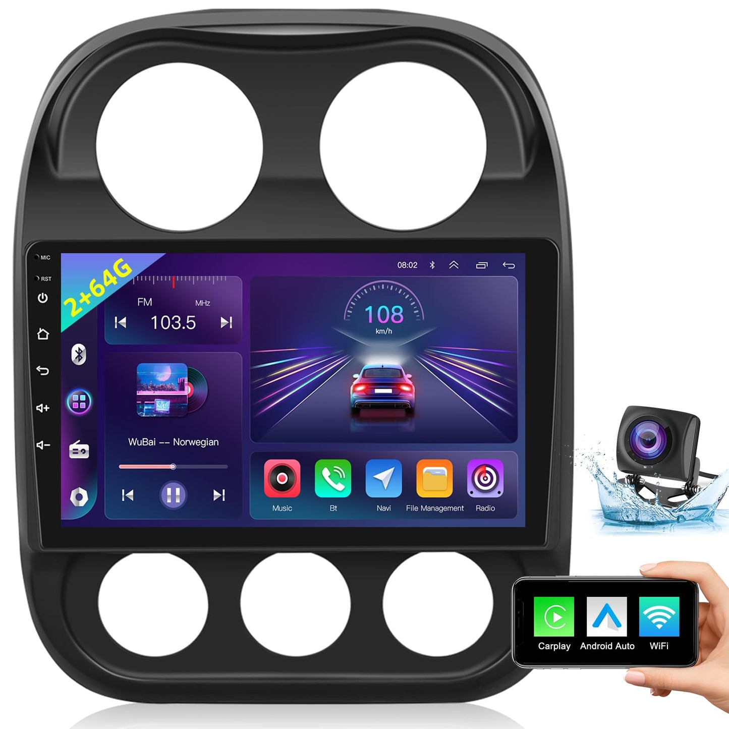 2+64G Android Car Radio for Jeep Compass Patriot 2010-2016 with Wireless CarPlay & Android Auto, 10.1 Inch Patriot Car Stereo with WiFi / 1080P / SWC + AHD Backup Camera + MIC