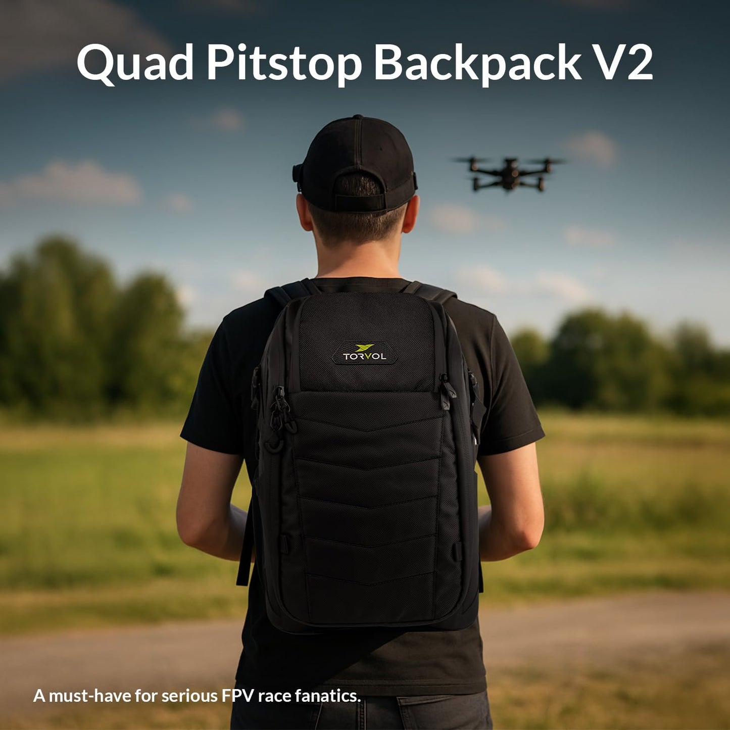 Torvol Quad PITSTOP Backpack Stealth Edition, Compact FPV Drone Backpack for 2 Drones, Fits DJI Mini 3, Mini 4 Pro, DJI Neo, with Laptop Compartment, Waterproof Rain Cover, Black, 26L