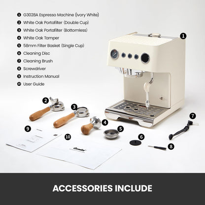 Gemilai G3028A Espresso Machine, 15 Bar Professional Coffee Maker with Adjustable Pressure & Automatic Milk Frother, Dual PID & 550ml Boiler, 57oz Tank, Stainless Steel for Cappuccino, Latte White