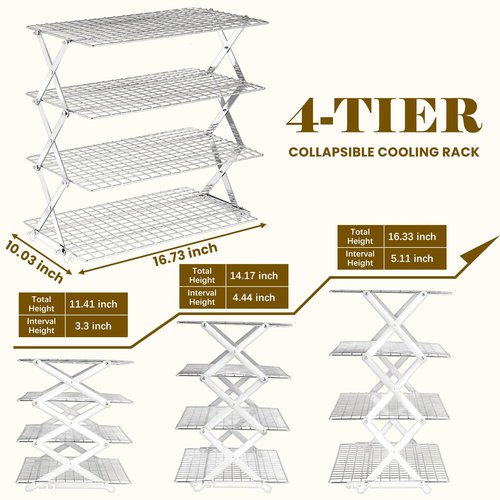 BEWOS 4 Tier Collapsible Cooling Rack - Adjustable Stainless Steel Baking Rack with Leak-Proof Mesh, X-Shaped Structure Cooling Rack for Cooking and Baking, Dishwasher Safe