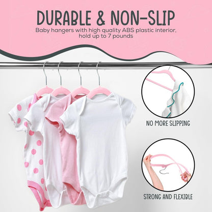 TechZoo 50 Premium Baby Velvet Hangers - 11.8 Inches Non-Slip & Ultra-Slim Baby Hangers for Space-Saving & Children Clothes - 360 Swivel Hook, Strong & Durable Infant & Toddler Clothes Hanger - Pink