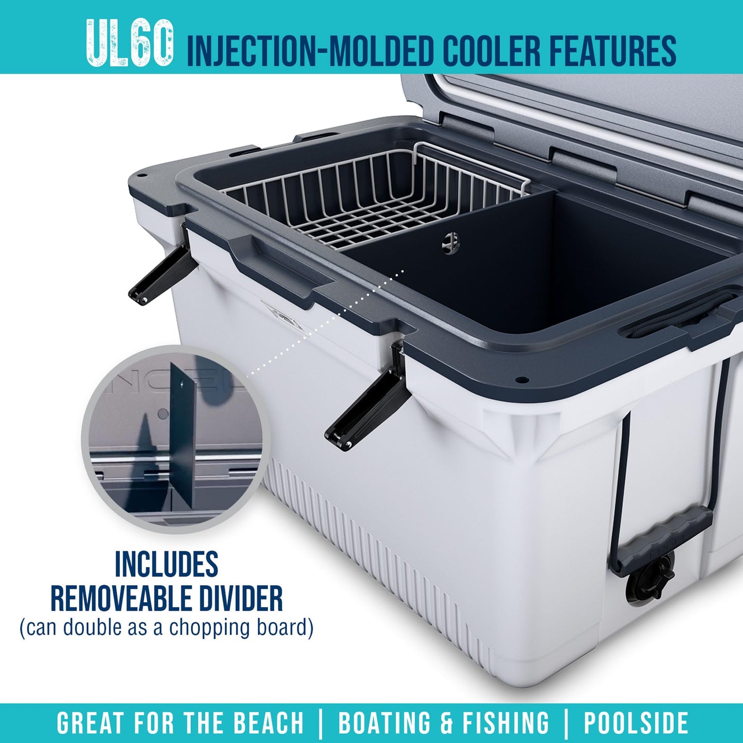 ENGEL 60 QT Ultra-Light Injection Molded Cooler - Ice Chest Keeps Ice up to 7 Days - Large Cooler Includes Wire Basket, Divider and Built-in Bottle Opener - Blue with Dark Grey Interior (Blue)