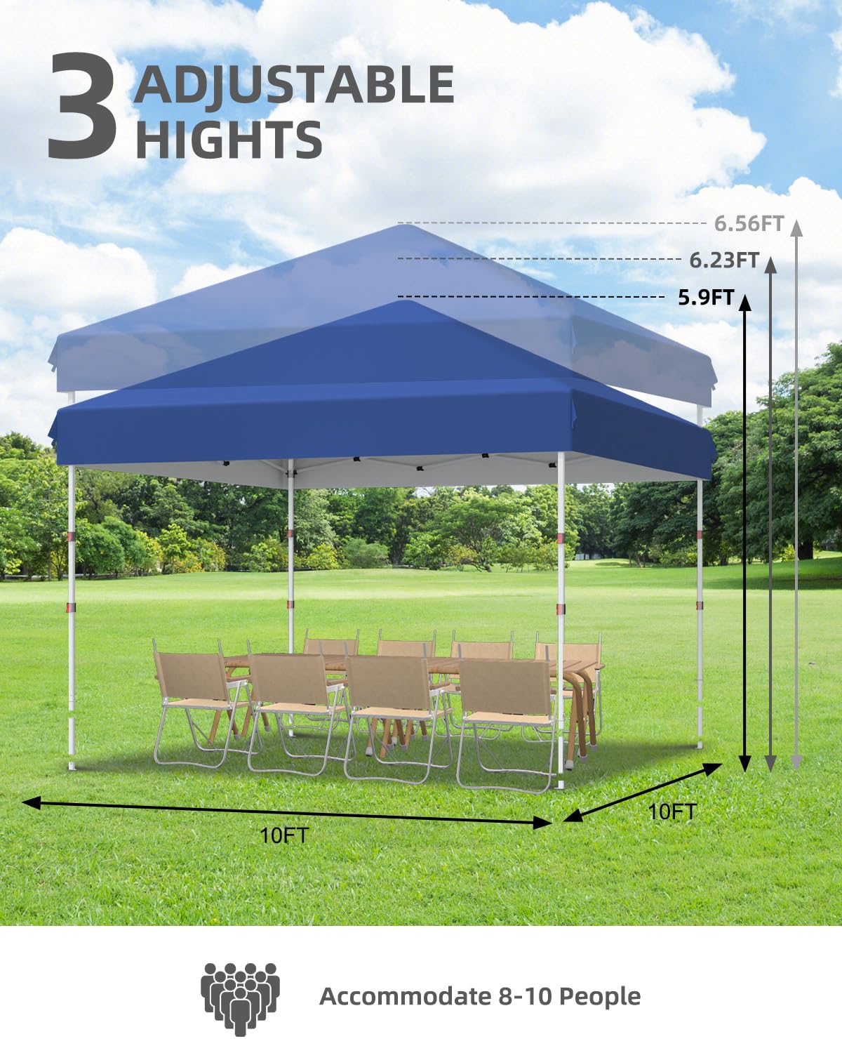 GarveeLife 10x10 Pop Up Canopy with One Button Push Setup - Heavy Duty Outdoor Canopy Tent with Portable Roller Bag - 3 Adjustable Height, 4 Weight Bags, 8 Stakes & 4 Guy Ropes Included, Blue
