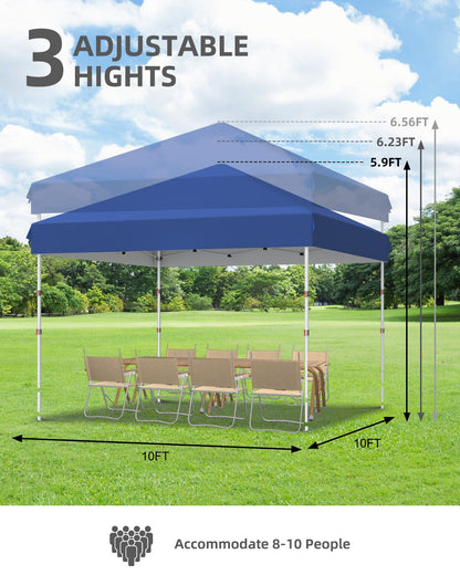 GarveeLife 10x10 Pop Up Canopy with One Button Push Setup - Heavy Duty Outdoor Canopy Tent with Portable Roller Bag - 3 Adjustable Height, 4 Weight Bags, 8 Stakes & 4 Guy Ropes Included, Blue