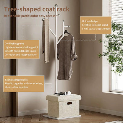 Ronsan Coat Rack Stand with Storage Box, Freestanding Metal Coat Tree with Natural Marble Base, 8-Hook Coat and Hat Rack for Entryway, Hallway, Bedroom and Office, White
