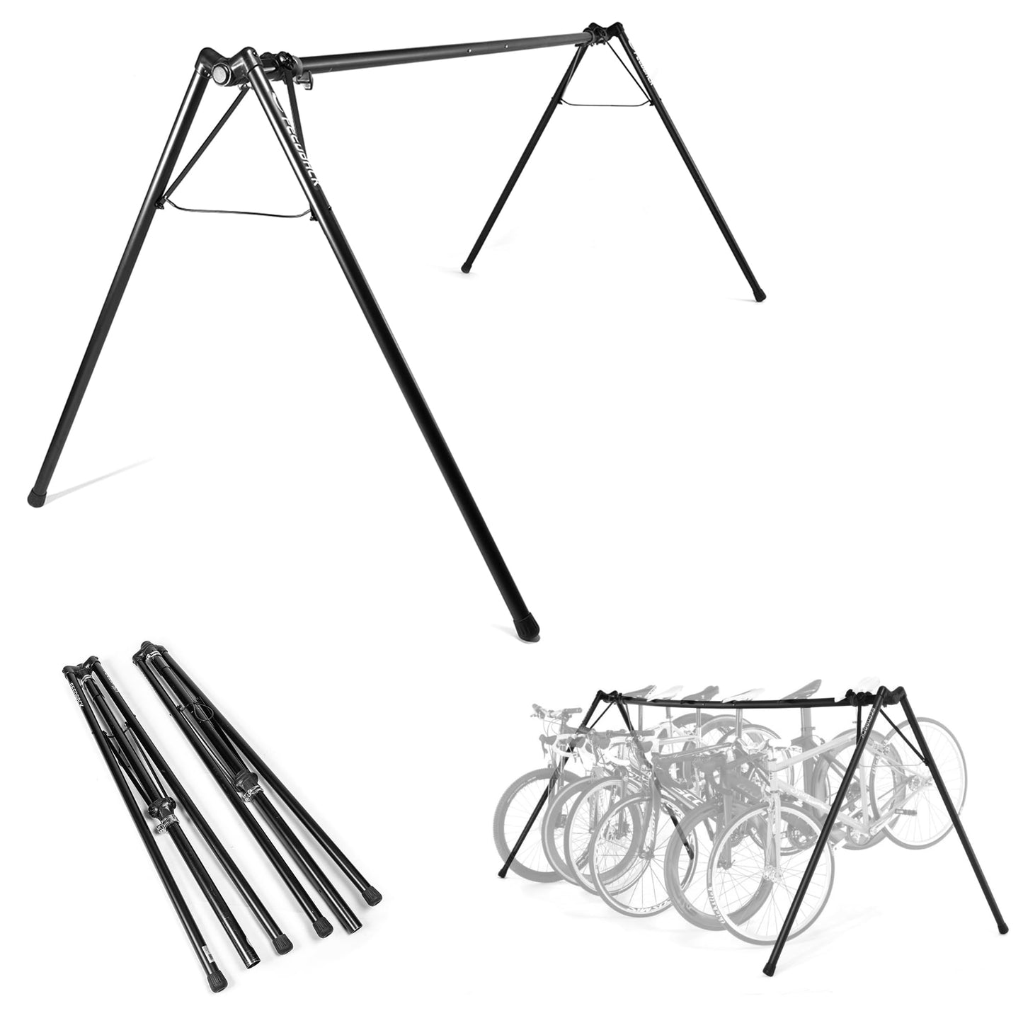 Feedback Sports | A-Frame Portable Bike Storage Rack with Travel Bag | Lightweight Collapsible Aluminum | Bicycle Hanger up to 8 Bikes | For Events | Black