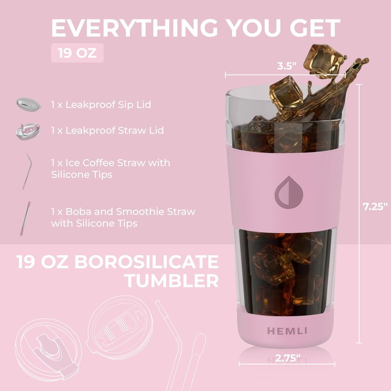 Hemli 19 oz. Double Wall Glass Coffee Tumbler, To Go Travel Mug with Lid, Portable Glass Thermos with Straw, Reusable Cup, Tea, Smoothies, Ice Coffee, and Boba