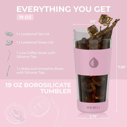 Hemli 19 oz. Double Wall Glass Coffee Tumbler, To Go Travel Mug with Lid, Portable Glass Thermos with Straw, Reusable Cup, Tea, Smoothies, Ice Coffee, and Boba