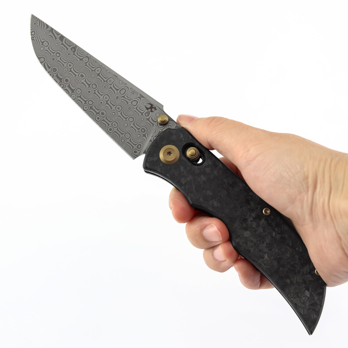 KANSEPT SIF Pocket Knife, 3.76" Damascus Blade with Gold Thumb Stud, Manual Opening Folding Men Women EDC, Shred Carbon Fiber Handle, Clip for Outdoor Camping Hiking K1100V4