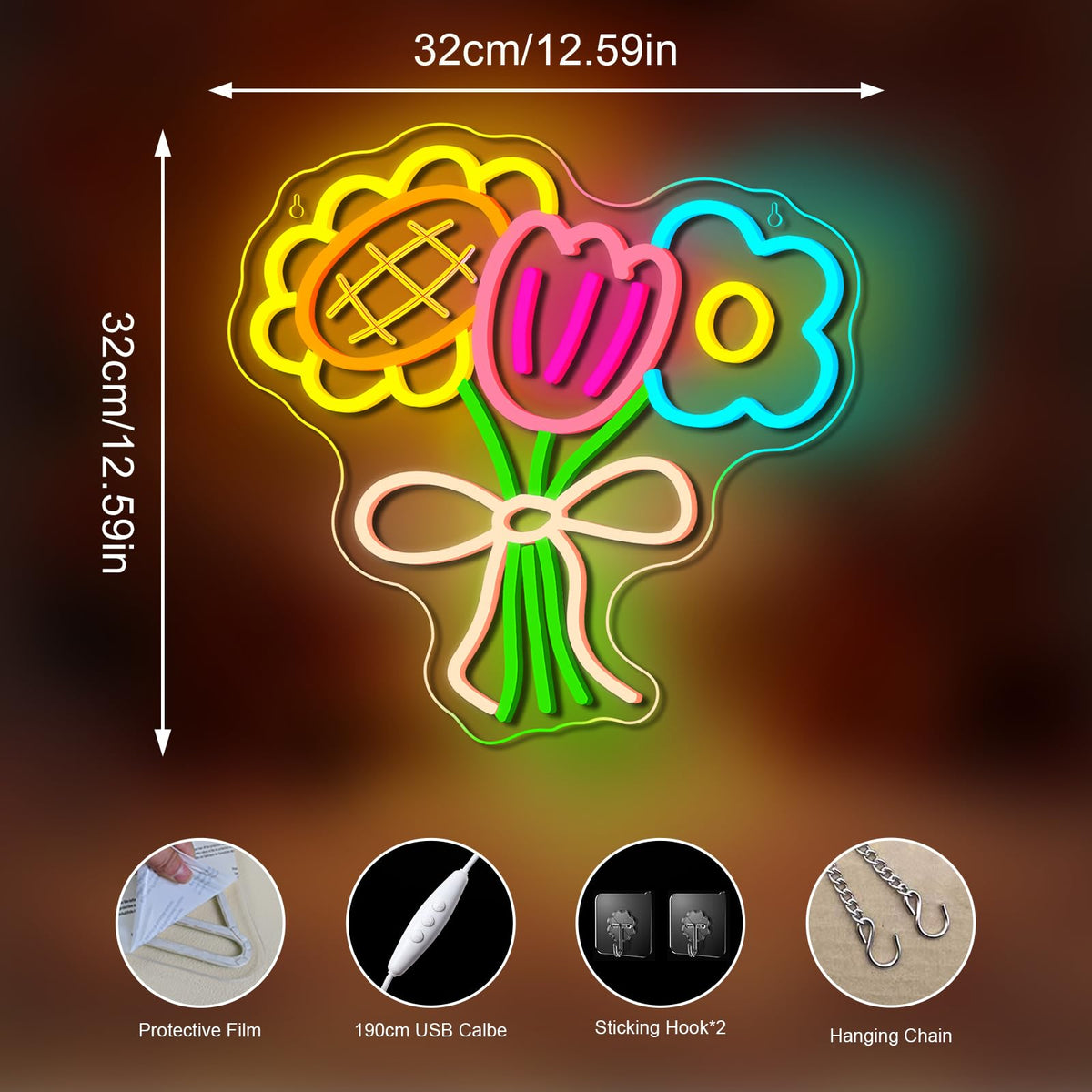 3 Flower Neon Sign Flower Neon LED Lights Cool Warm White Yellow Acrylic Wall Mount LED Boho Decorative Signage USB Powered Summer Retro Light up Sign for Wall Window Bedroom Wedding Birthday Party Decoration for Mother's Day
