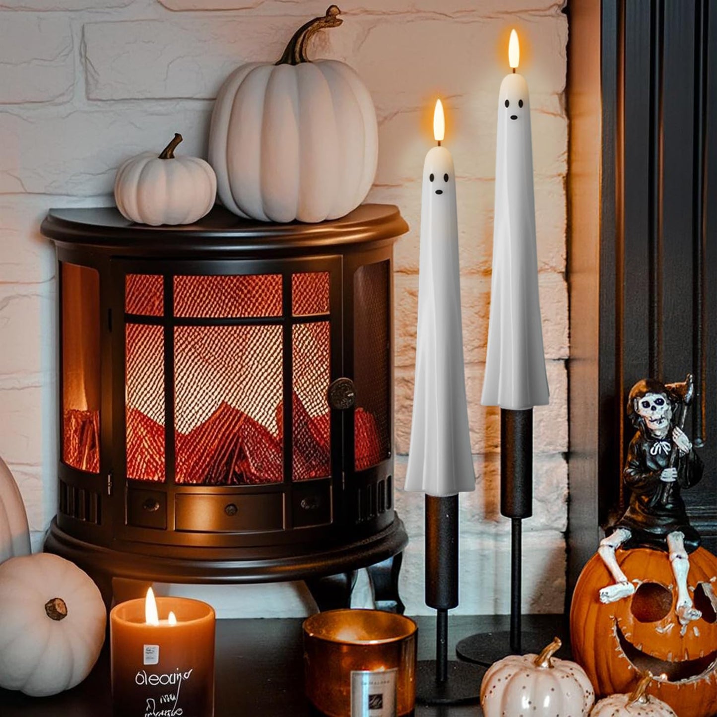Halloween Ghost Flameless Taper Candles Battery Operated with Remote and Timer Real Wax 3D Wick Flickering White LED Taper Candlesticks Spooky Halloween Indoor Decor(2 Pack, 0.79"D x 9.5"H)