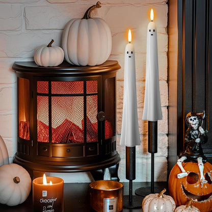 Halloween Ghost Flameless Taper Candles Battery Operated with Remote and Timer Real Wax 3D Wick Flickering White LED Taper Candlesticks Spooky Halloween Indoor Decor(2 Pack, 0.79"D x 9.5"H)