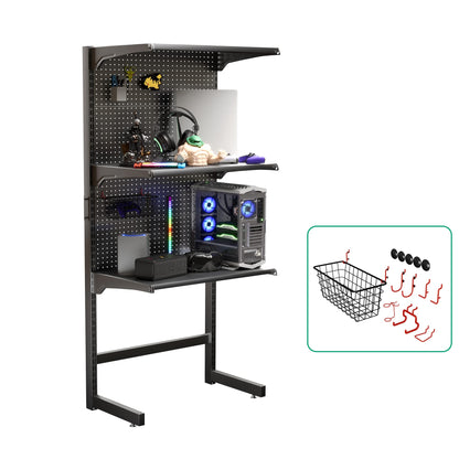 JWX DDB Gaming Standing Shelf Units, 30‘’ Free Standing Gaming Shelf Pegboard Cabinet with Home Office Metal Pegboard and 15 Pieces Organizer Tool Holders