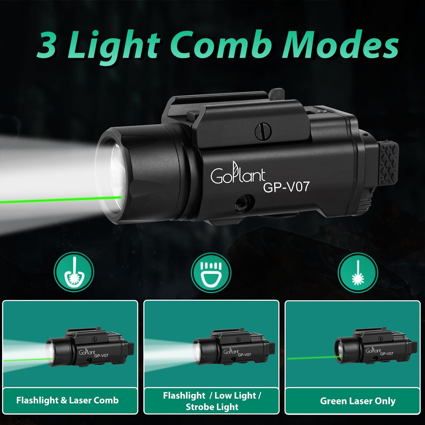 GOPLANT 2250 Lumens Weapon Laser Light Combo - Adjustable Rail LED Light and Green Laser Flashlight, Aircraft-Grade Aluminum, Magnetic Rechargeable Strobe Tactical Flashlight for Picatinny or GL Rail