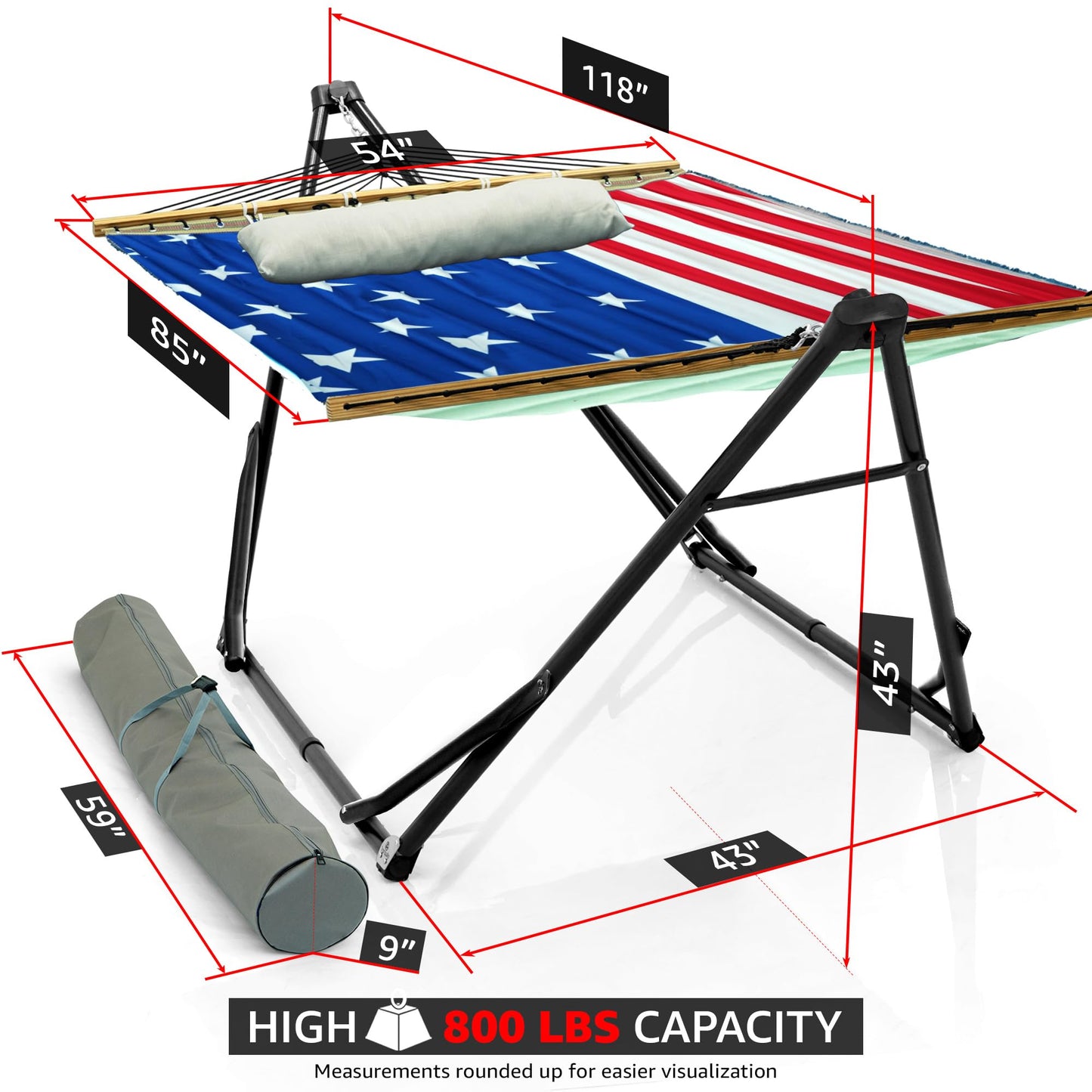 Tranquillo Unity with Hammock Stand, 800 lbs Capacity Steel Double Hammock Stand for 2 Persons, Premium Pre-Assembled Stand for Indoor Outdoor (American Flag)