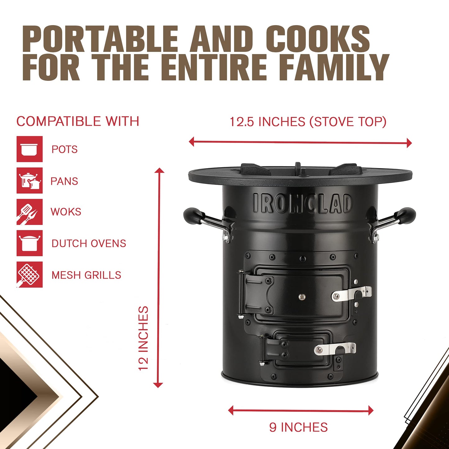IronClad Supply Rocket Stove – Camping Wood Stove for Emergency Preparedness, Survival, Off Grid Living Supplies – Portable Wood Burning Stove with Canvas Storage Bag and Fuel Support System