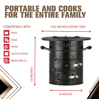 IronClad Supply Rocket Stove – Camping Wood Stove for Emergency Preparedness, Survival, Off Grid Living Supplies – Portable Wood Burning Stove with Canvas Storage Bag and Fuel Support System