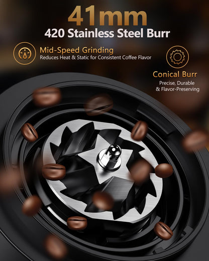 COOL KNIGHT Rechargeable Conical Burr Coffee Grinder, 60 Grind Settings & 5–98 Level Timer, Espresso Grinder with Bellows Hopper and Portafilter Holder, Easy to Clean