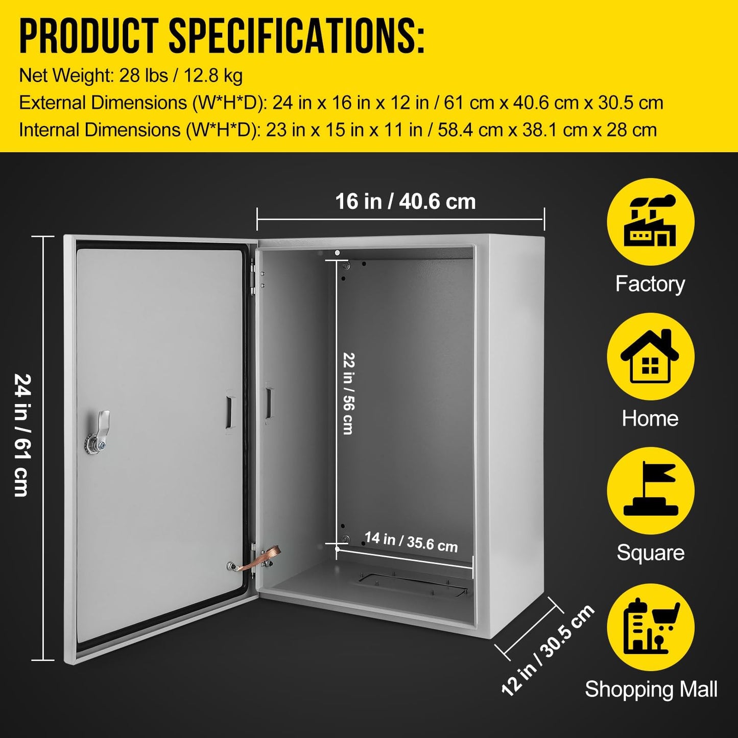 Outdoor NEMA Steel Enclosure, 24x16x12 NEMA 4X Steel Electrical Box, IP66 Waterproof & Dustproof, Outdoor/Indoor Electrical Junction Box
