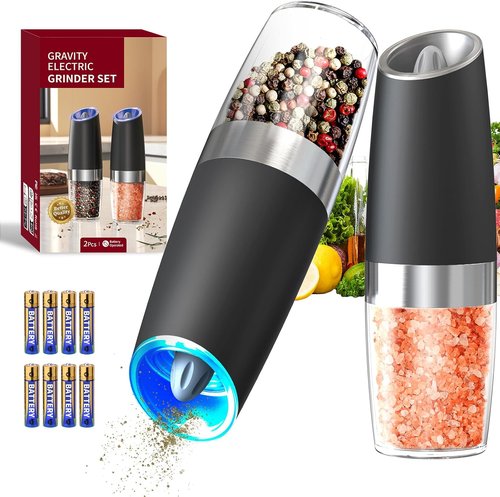 CIRCLE JOY Electric Salt and Pepper Grinder Set - Automatic, LED Light, Adjustable Coarseness, Black