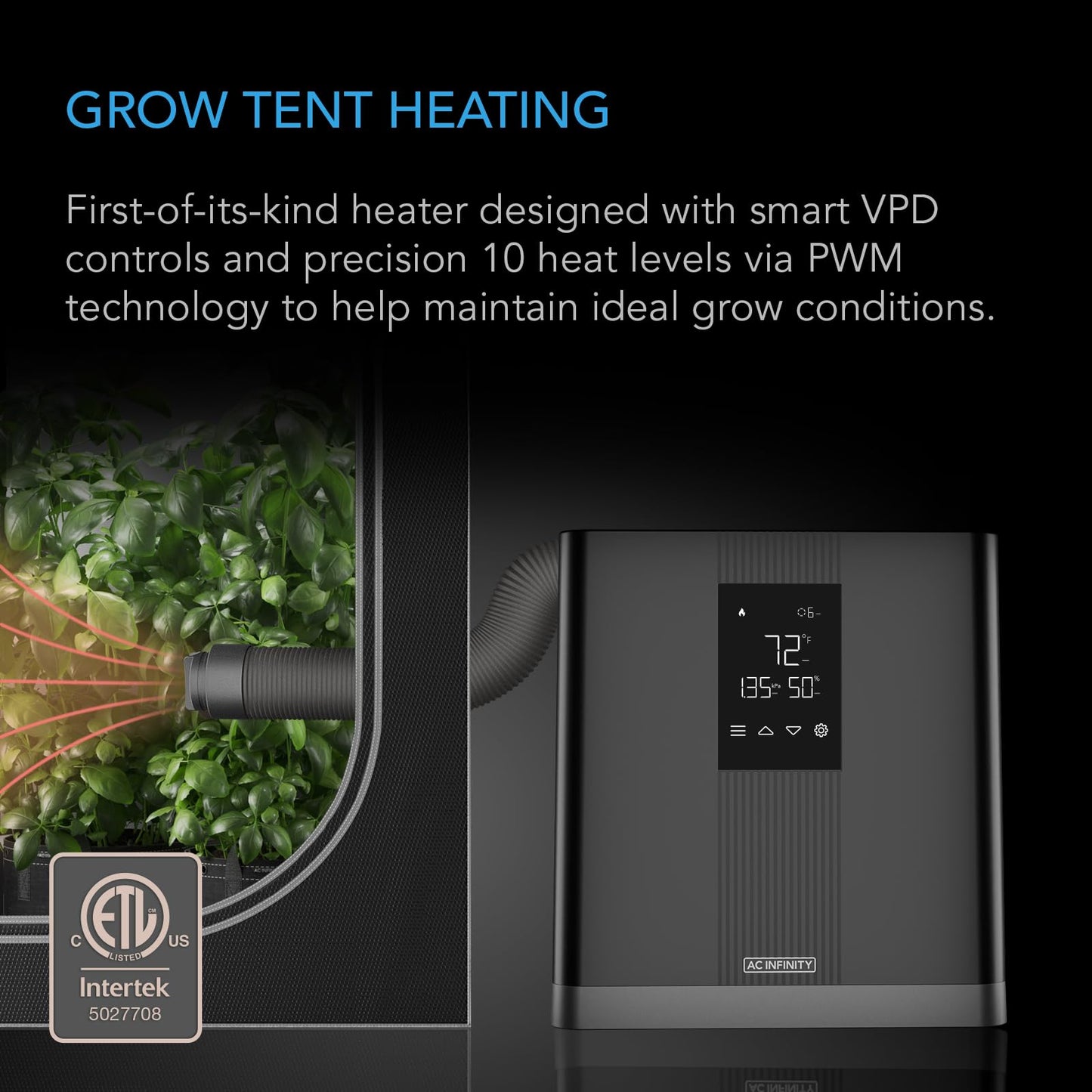 AC Infinity THERMOFORGE T3, Environmental Grow Tent Heater with VPD Temperature Controller, 10-Level PTC Heating and Included Extension Hose for Tents, Rooms, Greenhouses