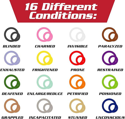 Deluxe Condition Rings w Wooden Case (64 Rings for Standard &amp Large) - 16 Conditions DND Flexible Design- Easy Affix Base Slides Under Figure- Works with Dungeons Dragons Pathfinder &amp All RP