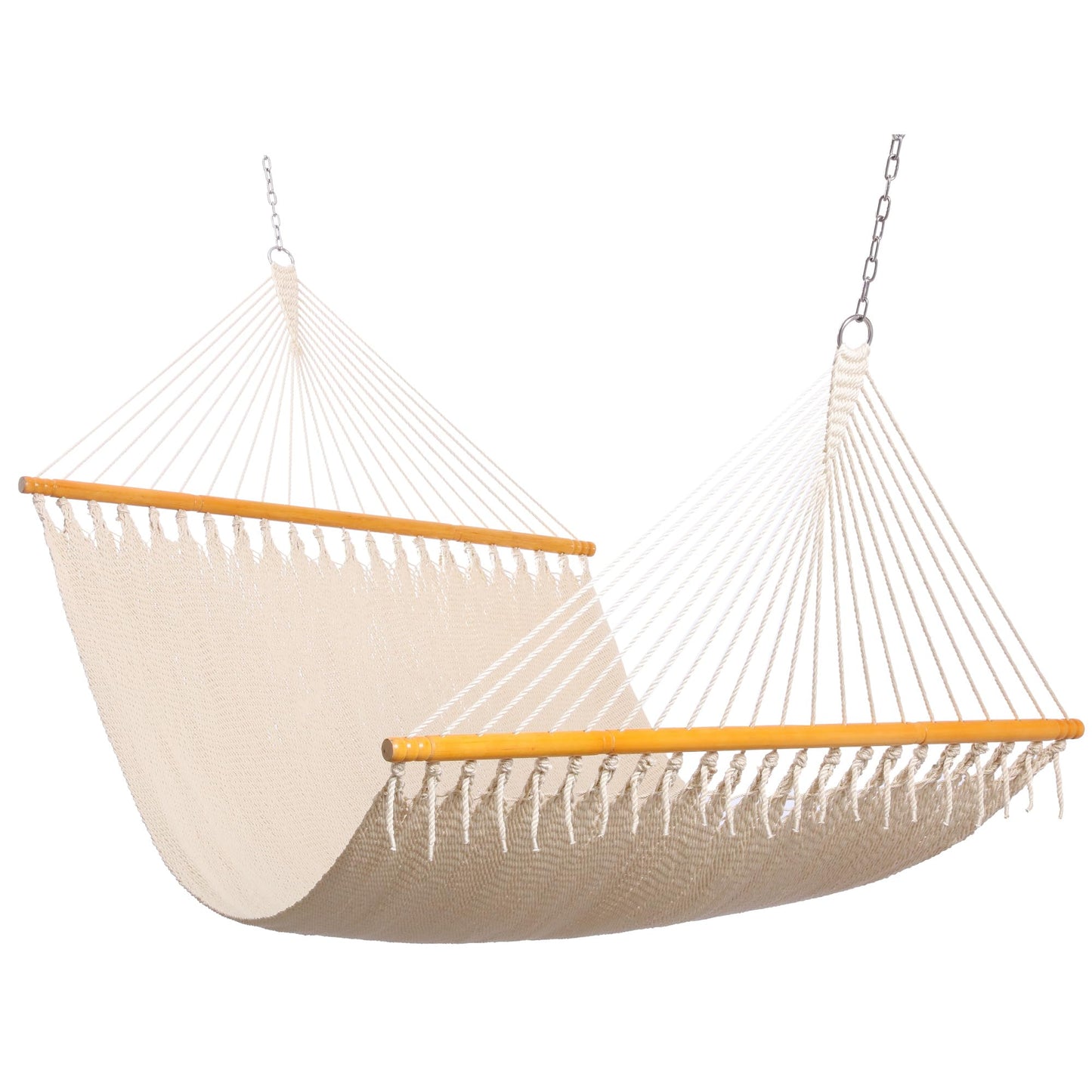 SANIWERKE® Double Caribbean Hammock 79" x 55" Woven Bed, 12 FT Long with Solid Spreader Bars, Hand Tightly Woven Rope Net, All Weather Outdoor Hammock for 2 Persons, 450 LBS Capacity, Warm Oatmeal